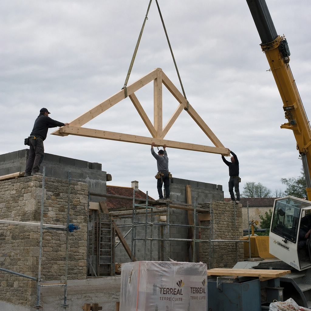 Levage d'une charpente en bois sur un chantier