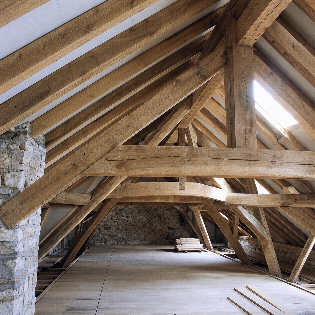 Charpente traditionnelle en bois vue de l'intérieur