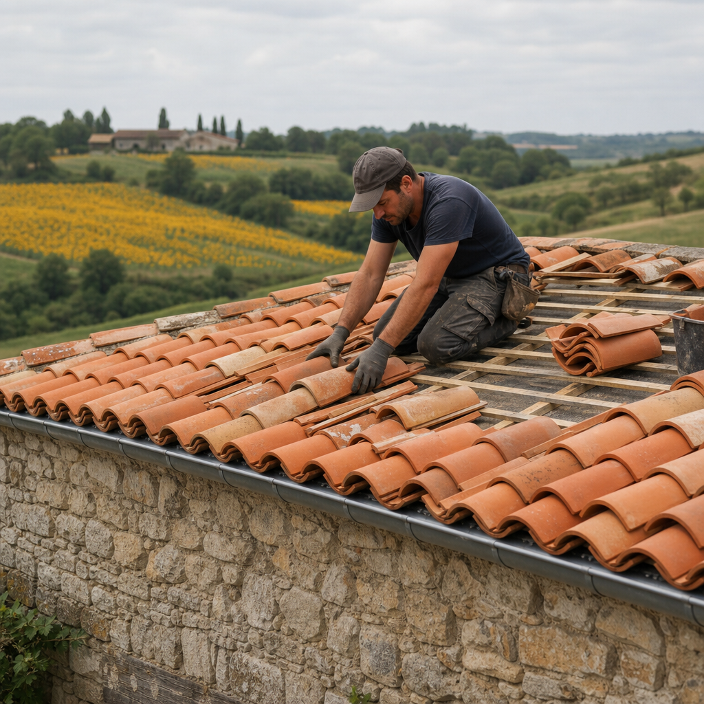 Couvreur posant des tuiles canal sur une maison en pierre du Gers
