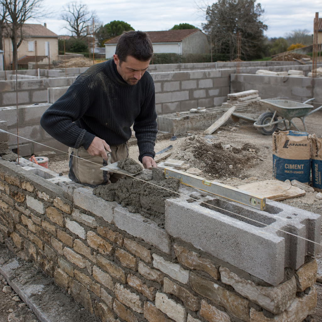 Maçon montant un mur en pierre et en parpaing